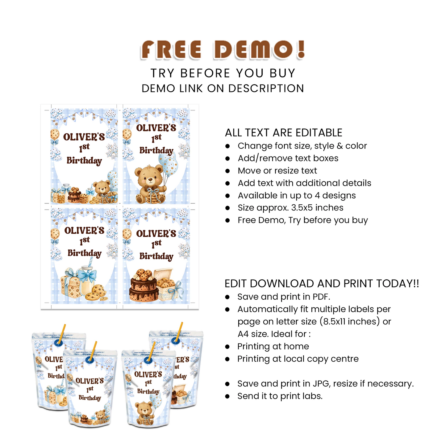 Cookies & Milk Juice Pouch Label Sweet Party Drink Labels