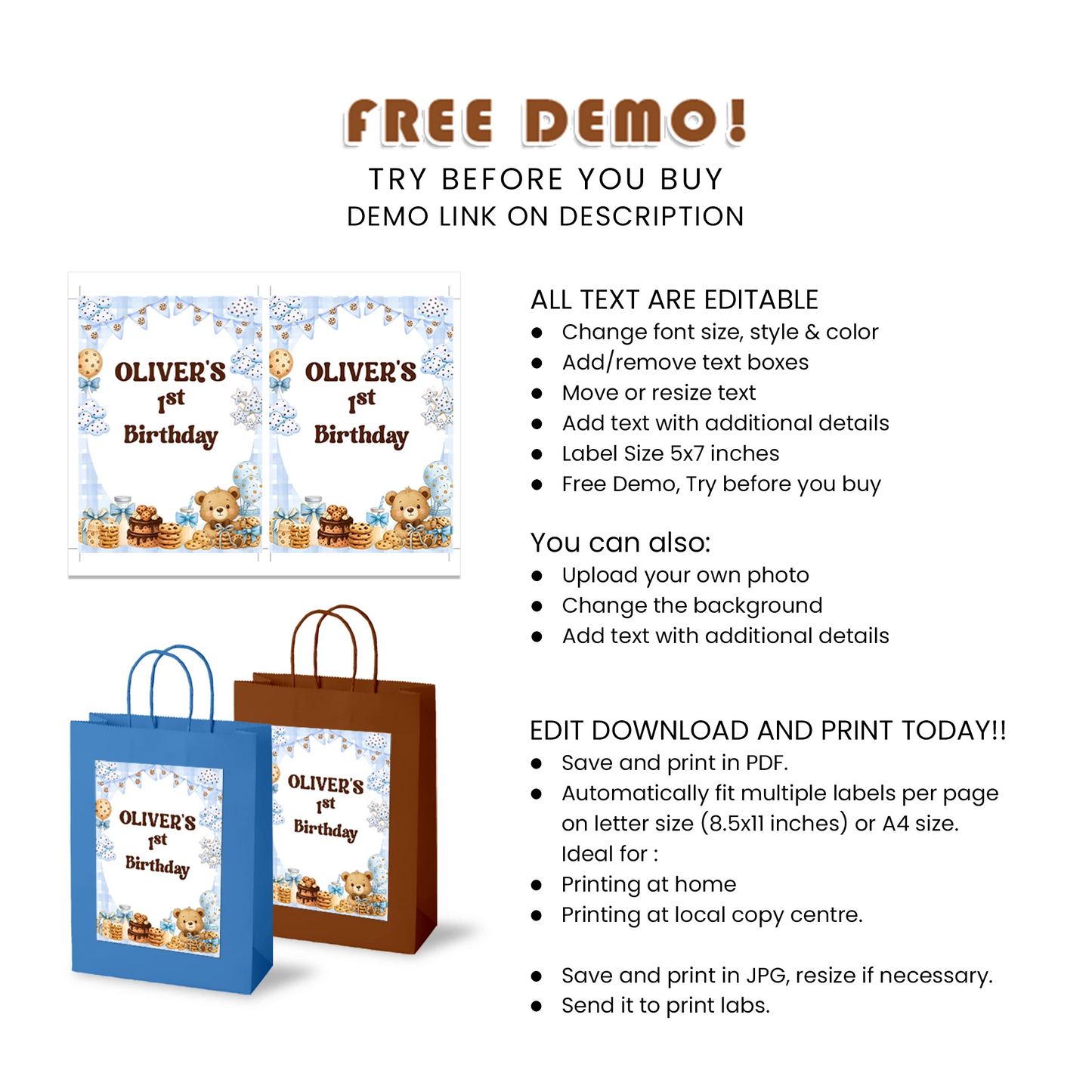 Cookies & Milk Goodie Bag Label Birthday Party Favor Bags