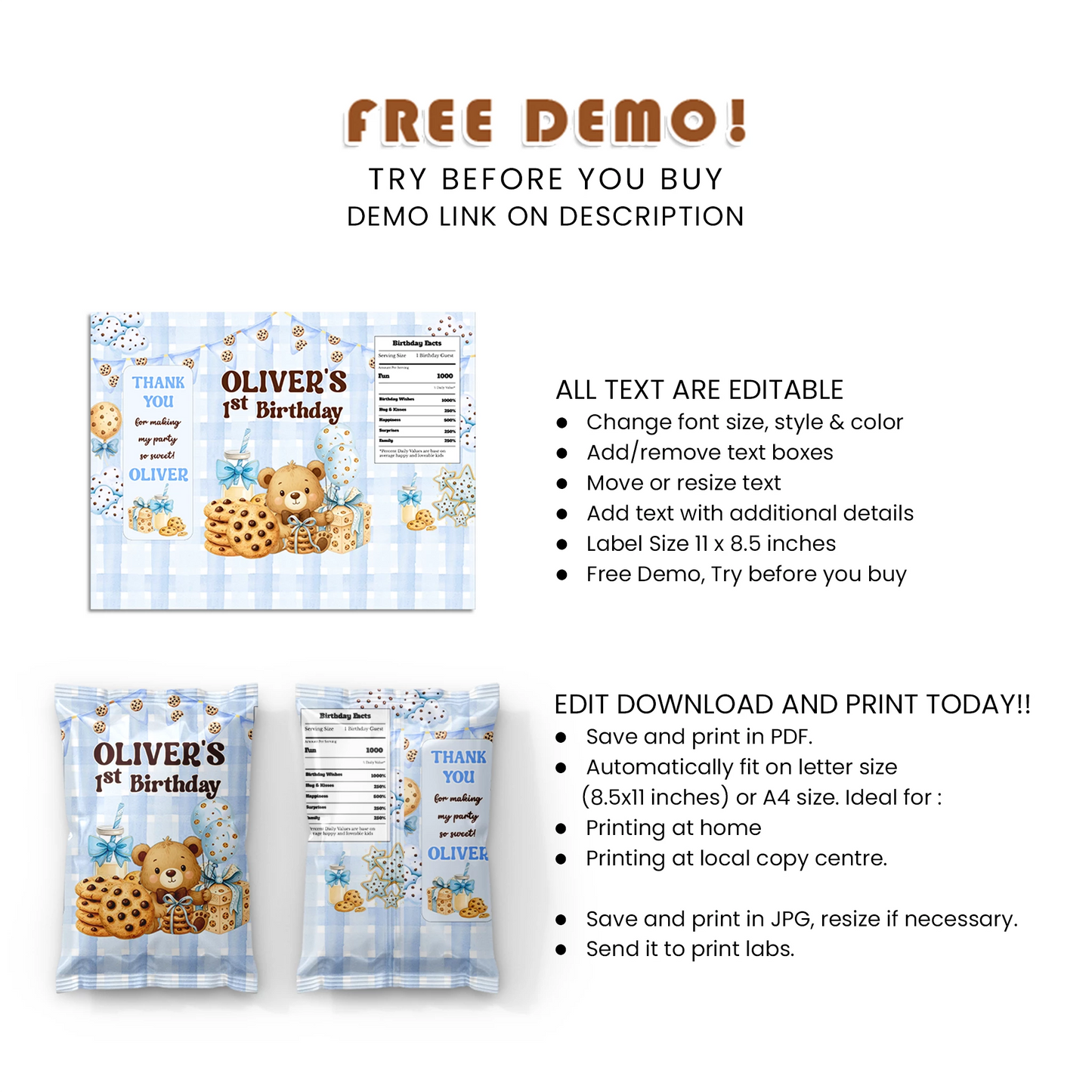 Cookies & Milk Chips Bag Label Birthday Party Snack Wrap