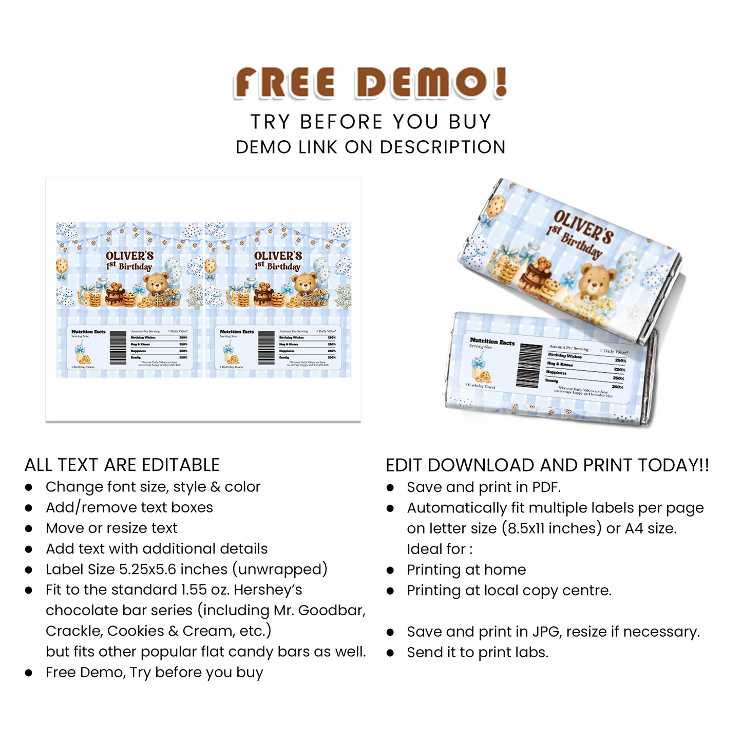 Cookies & Milk Chocolate Label Sweet Party Candy Bar Wrapper