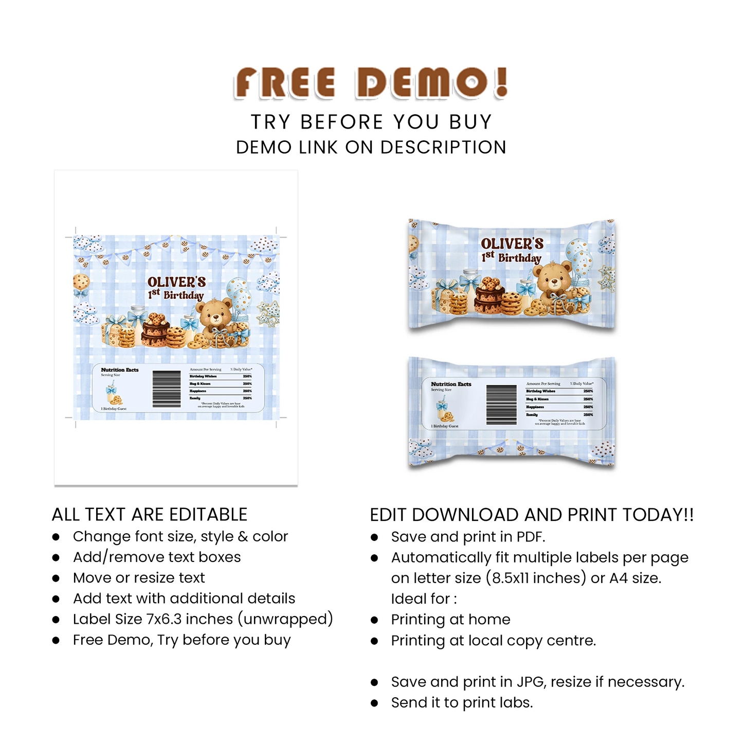 Cookies & Milk Skittles Label Birthday Candy Party Wraps