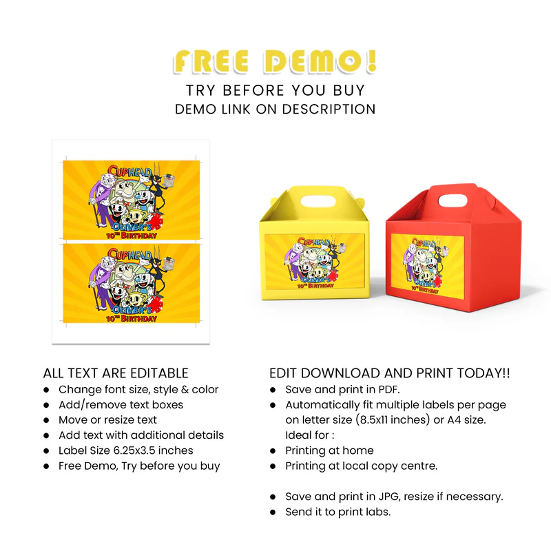 CUPHEAD Treat Box Label Cartoon Party Favor Stickers