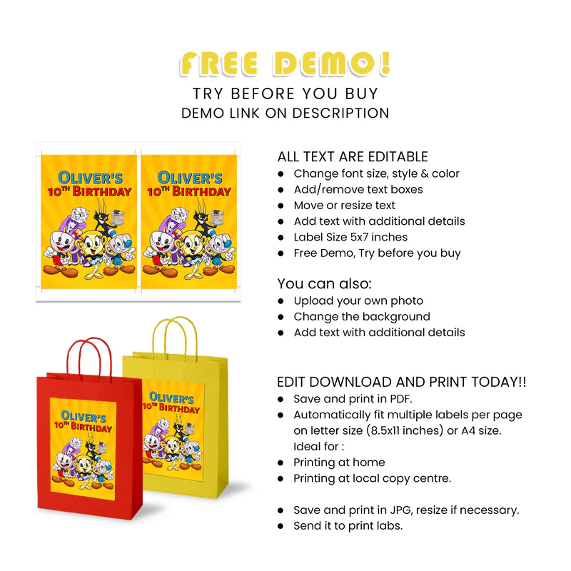 CUPHEAD Goodie Bag Label Cartoon Party Favor Bags