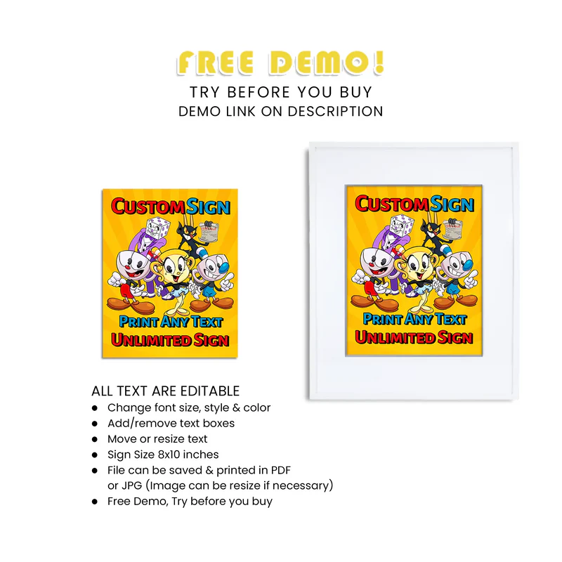 CUPHEAD Custom Sign Cartoon Birthday Party Decor