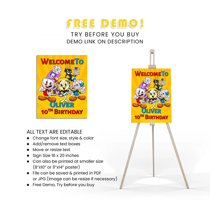 CUPHEAD Welcome Sign Cartoon Party Entrance Decor