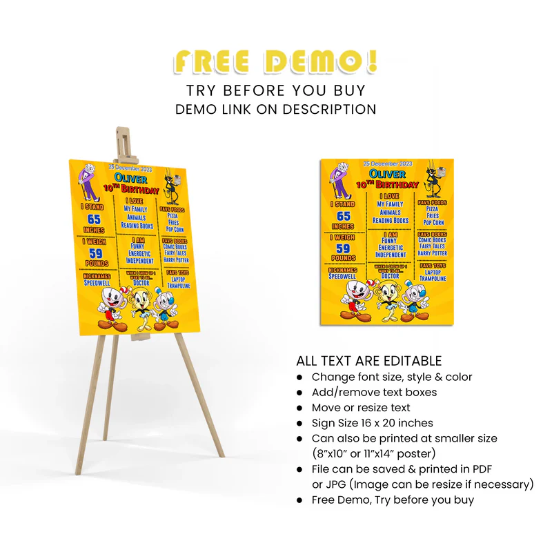 CUPHEAD Milestone Poster Cartoon Birthday Stats Decor