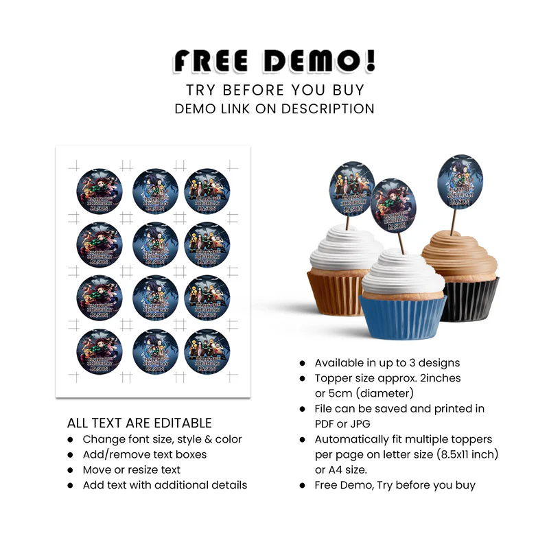 Demon Slayer Cupcakes Toppers Custom Anime Birthday