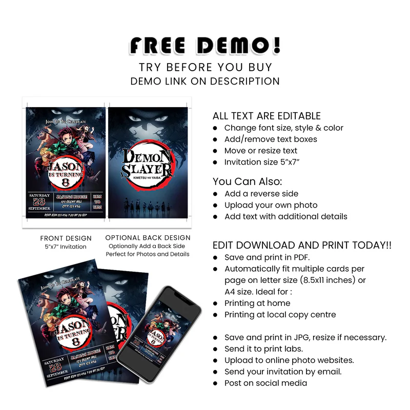 Demon Slayer Birthday Card Invitations Personalized