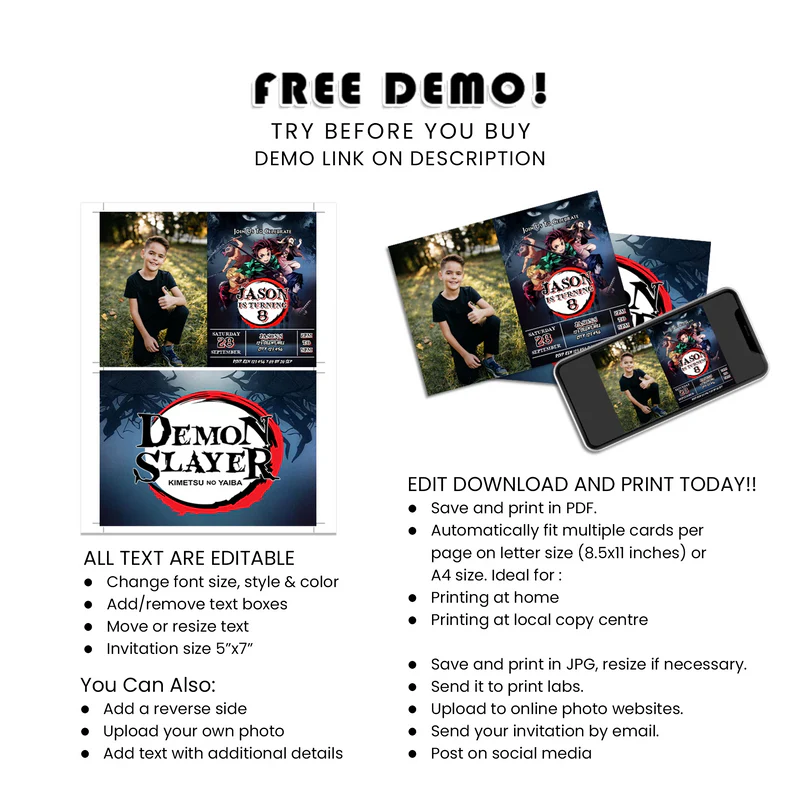 Demon Slayer Photo Card Invitations Custom Anime Party