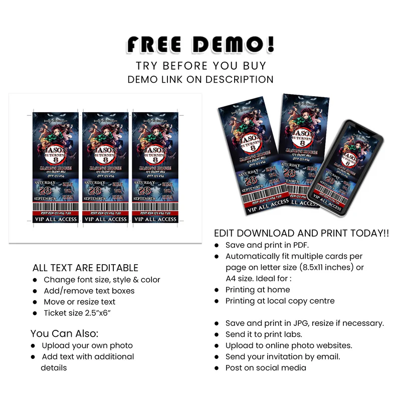Demon Slayer Birthday Ticket Invitations Editable Design