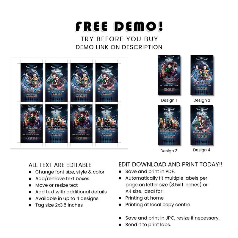 Demon Slayer Favor Tags Printable Anime Party Labels