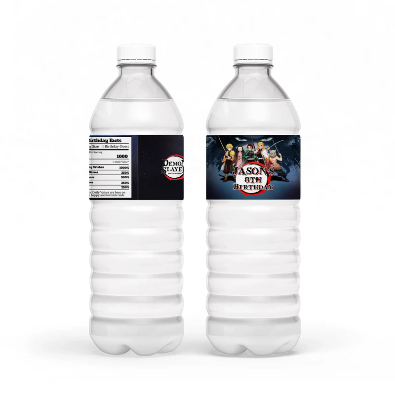 Demon Slayer water bottle label with anime graphics and text details