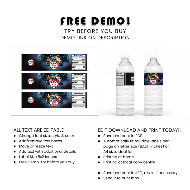Demon Slayer Water Bottle Label Custom Party Wrapper
