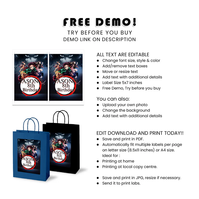 Demon Slayer Goodie Bag Label Personalized Party Tag