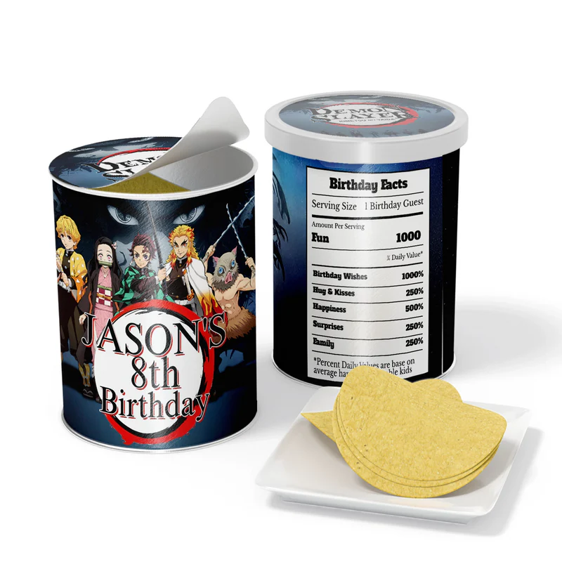 Demon Slayer small Pringles label with anime artwork flat lay