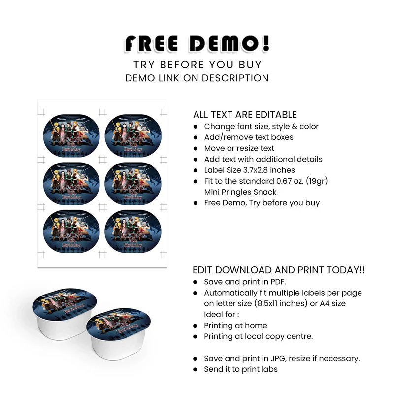 Demon Slayer Mini Pringles Label Custom Party Design
