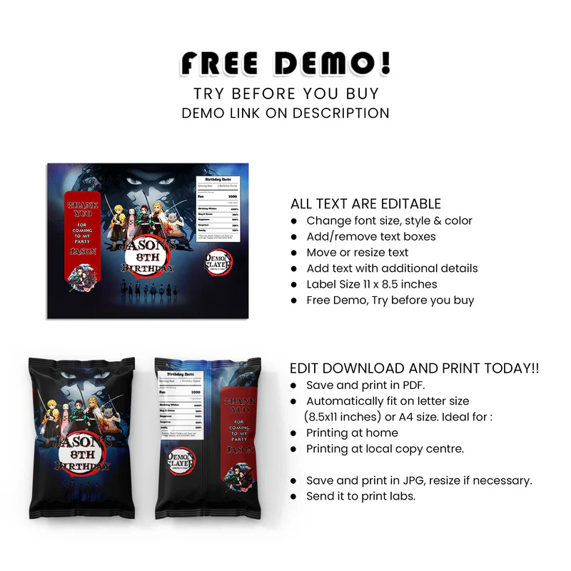Demon Slayer Chips Bag Label Custom Party Snack Wrapper