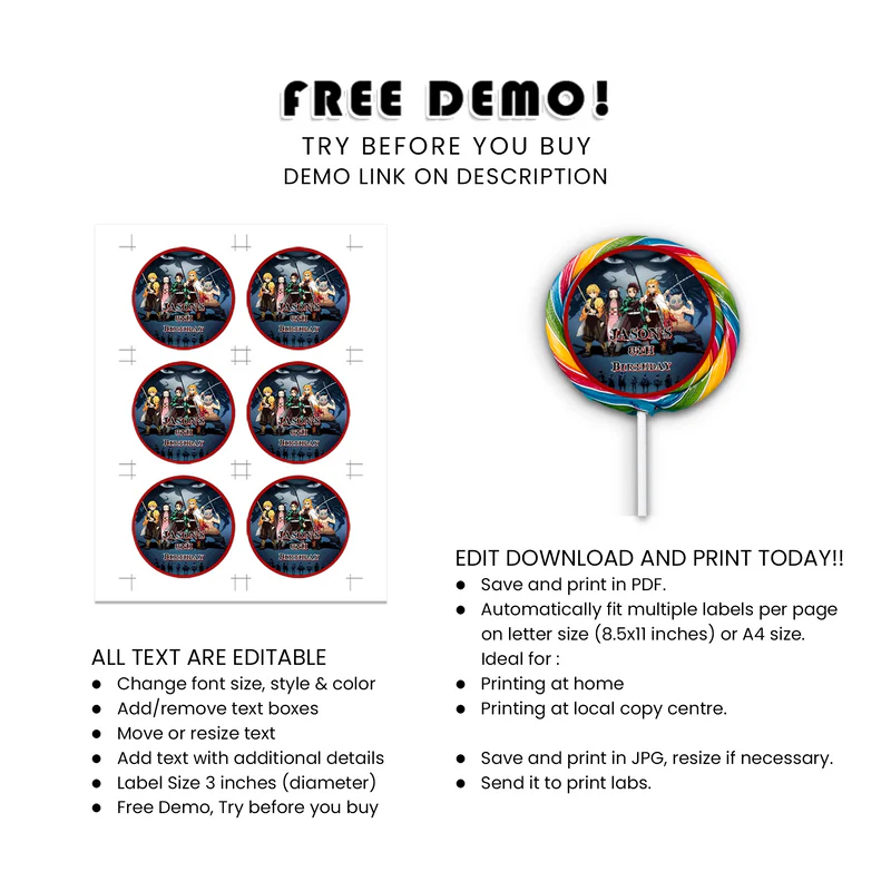 Demon Slayer Lollipop Label Custom Candy Party Sticker