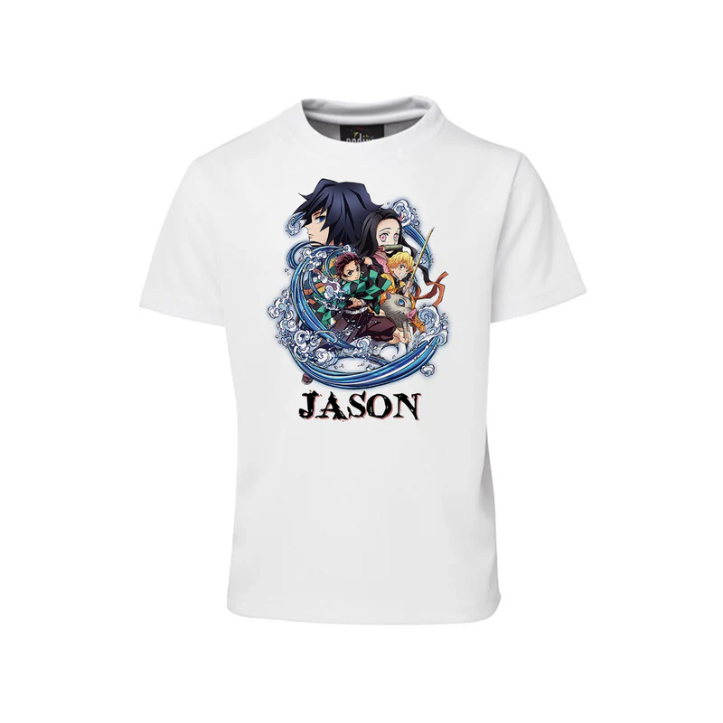 Demon Slayer T-shirt with anime design printed on white cotton flat lay