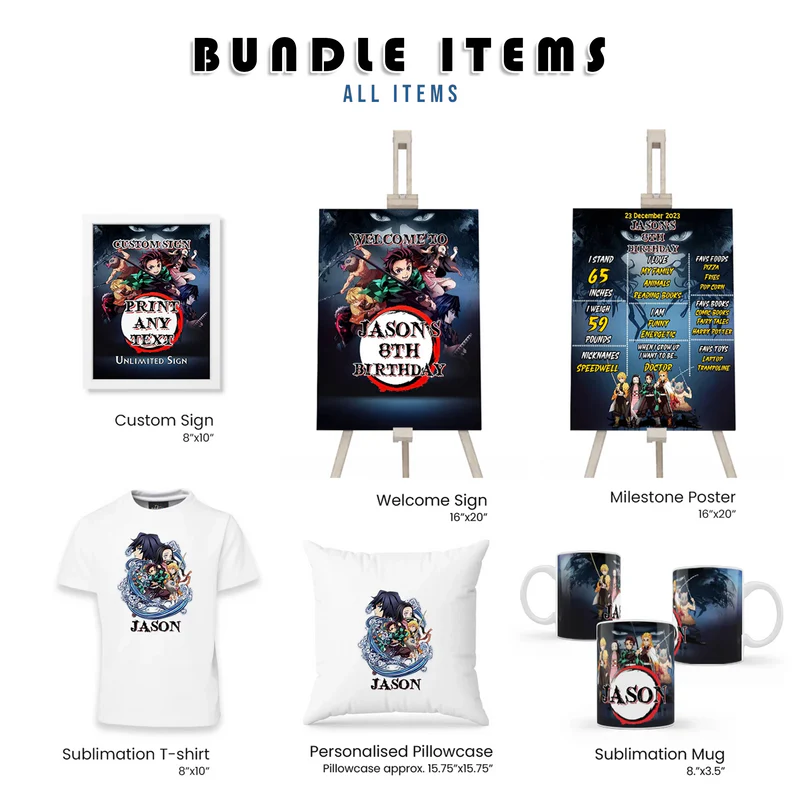 Demon Slayer Party Pack Bundle Personalized Digital Template
