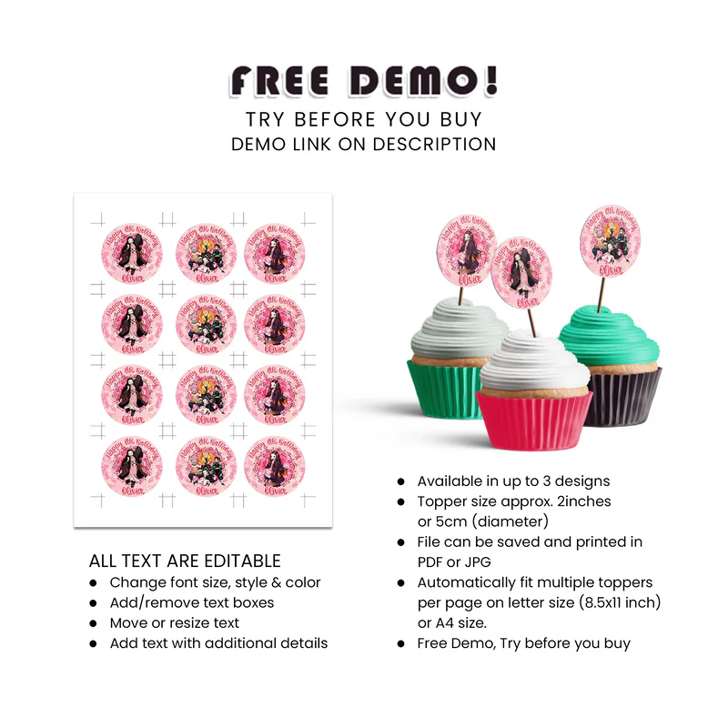 Demon Slayer Nezuko Cupcake Toppers Custom Birthday Party Decor