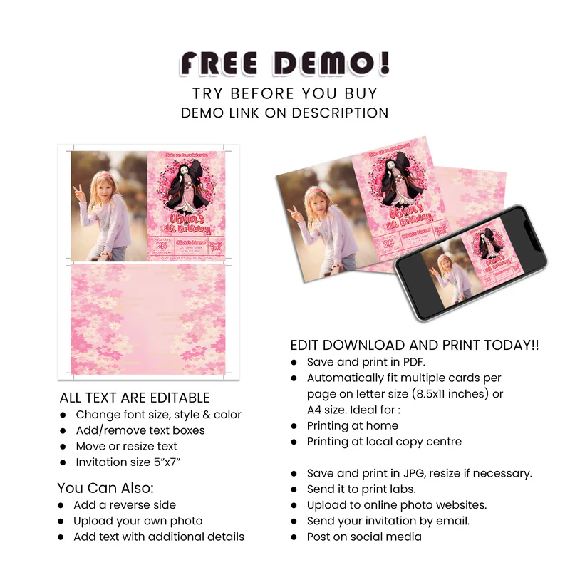 Nezuko Demon Slayer Photo Birthday Invitation Personalized Card