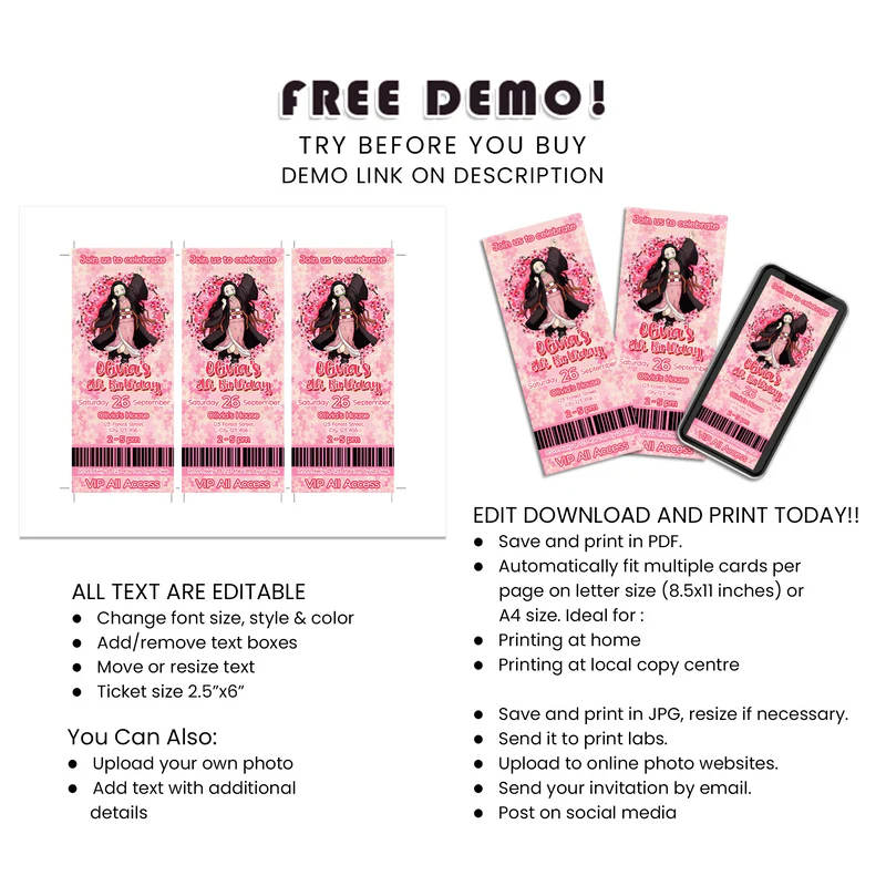 Nezuko Kamado Birthday Ticket Invitation Custom Event Pass