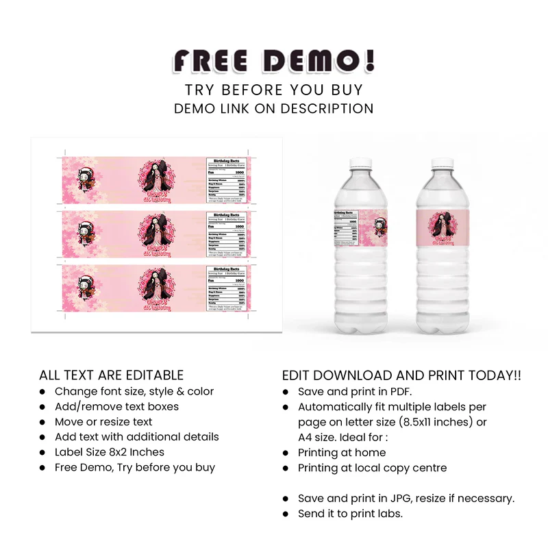 Demon Slayer Nezuko Water Bottle Labels Custom Drink Wrappers