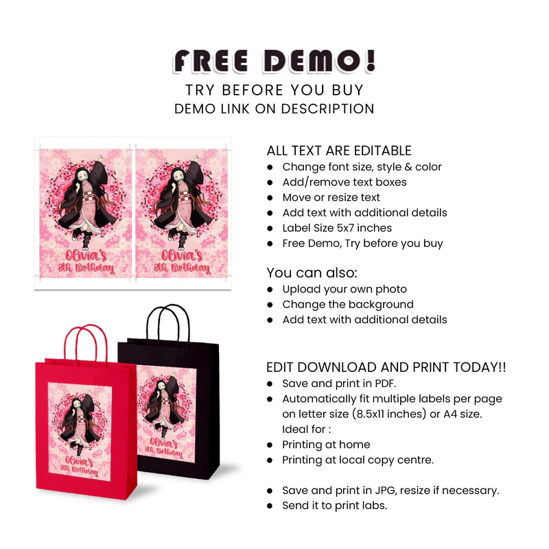 Nezuko Kamado Goodie Bag Label Custom Birthday Favor Wrap