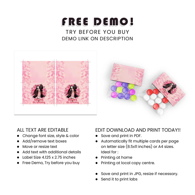 Demon Slayer Nezuko Treat Bag Topper Label Custom Favor Bag Seal