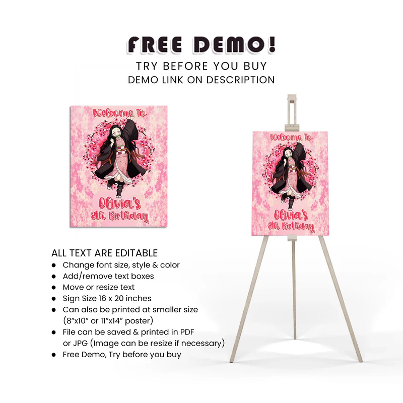 Nezuko Kamado Welcome Sign Custom Birthday Party Decoration