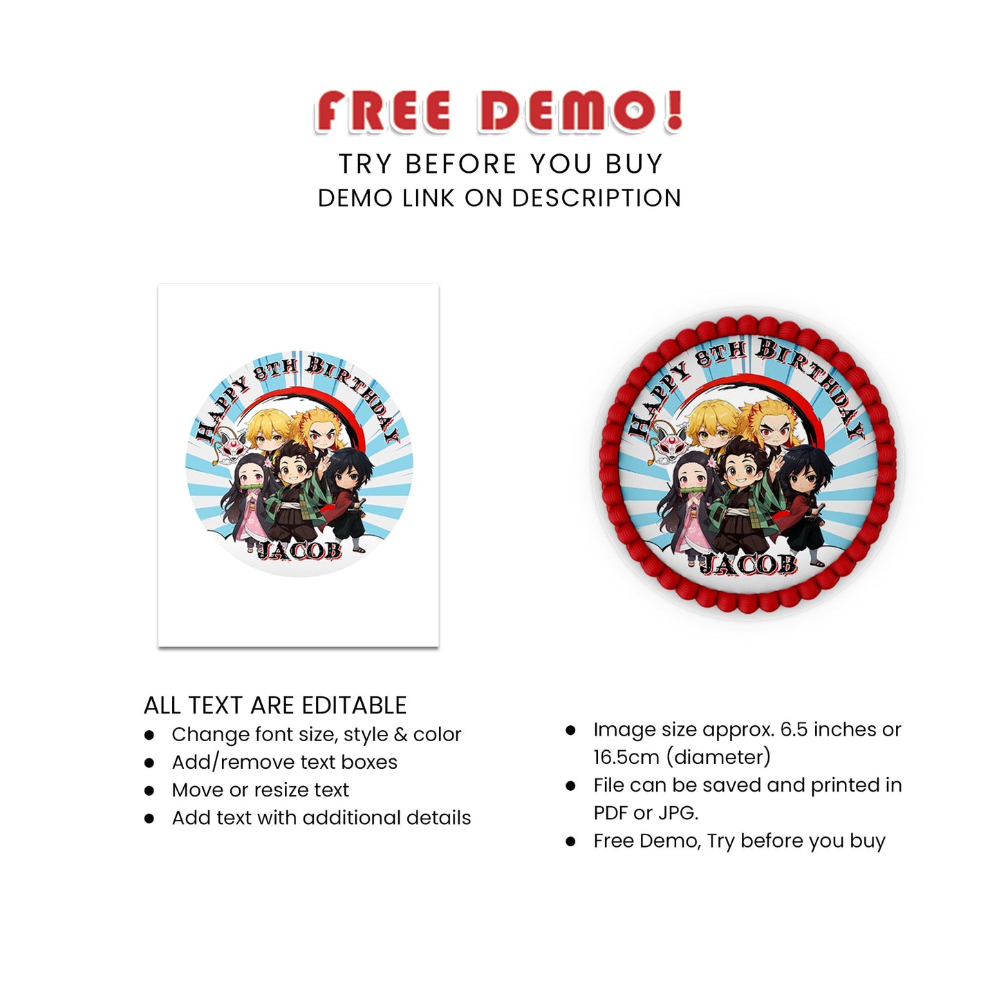 Demon Slayer Personalized Sheet Cake Images - Round : Customizable Round Cake Images with Demon Slayer Theme