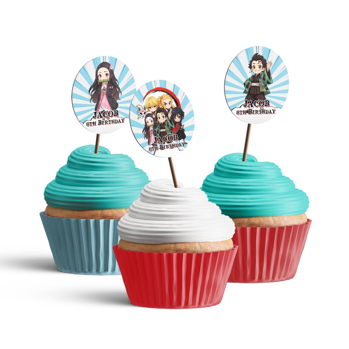 Demon Slayer themed personalized cupcakes toppers