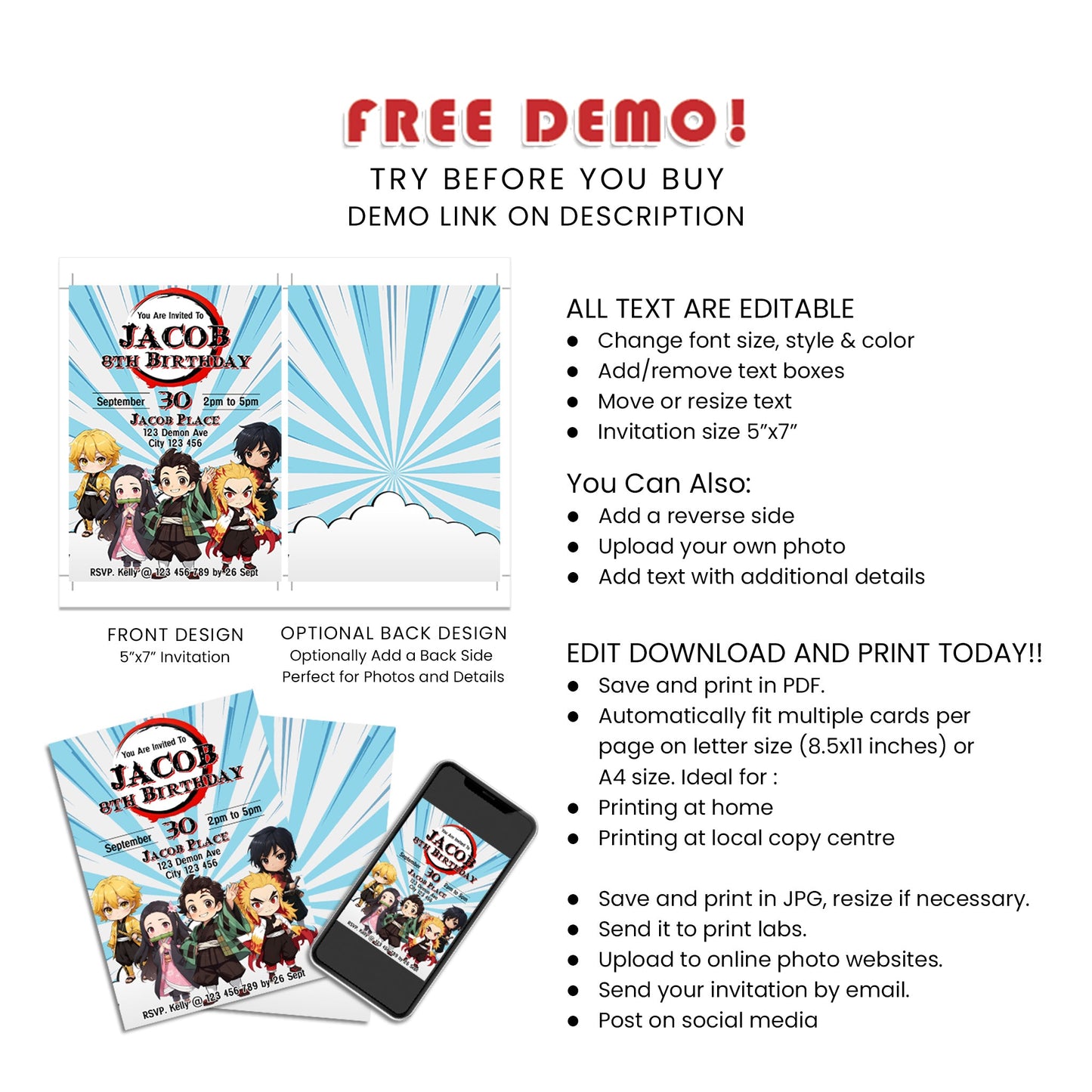 Demon Slayer Personalized Birthday Card Invitations : Demon Slayer Inspired Personalized Birthday Invitations