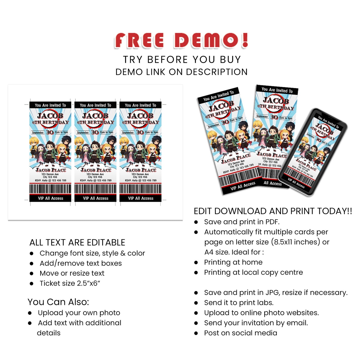 Demon Slayer Personalized Birthday Ticket Invitations : Unique Demon Slayer Birthday Ticket Invitations, Personalized for You