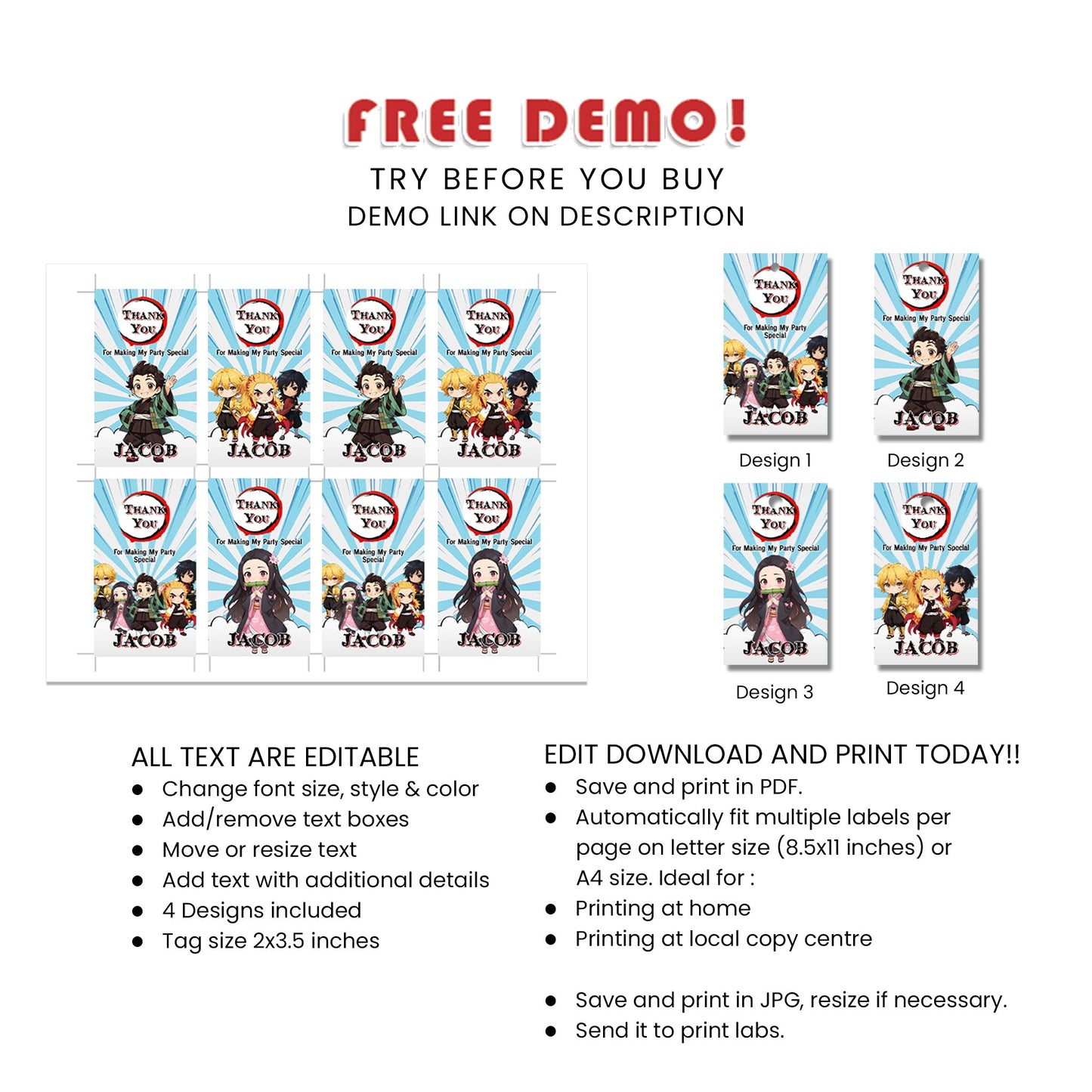 Demon Slayer Favor Tags : Demon Slayer Themed Favor Tags, Personalized for Your Event