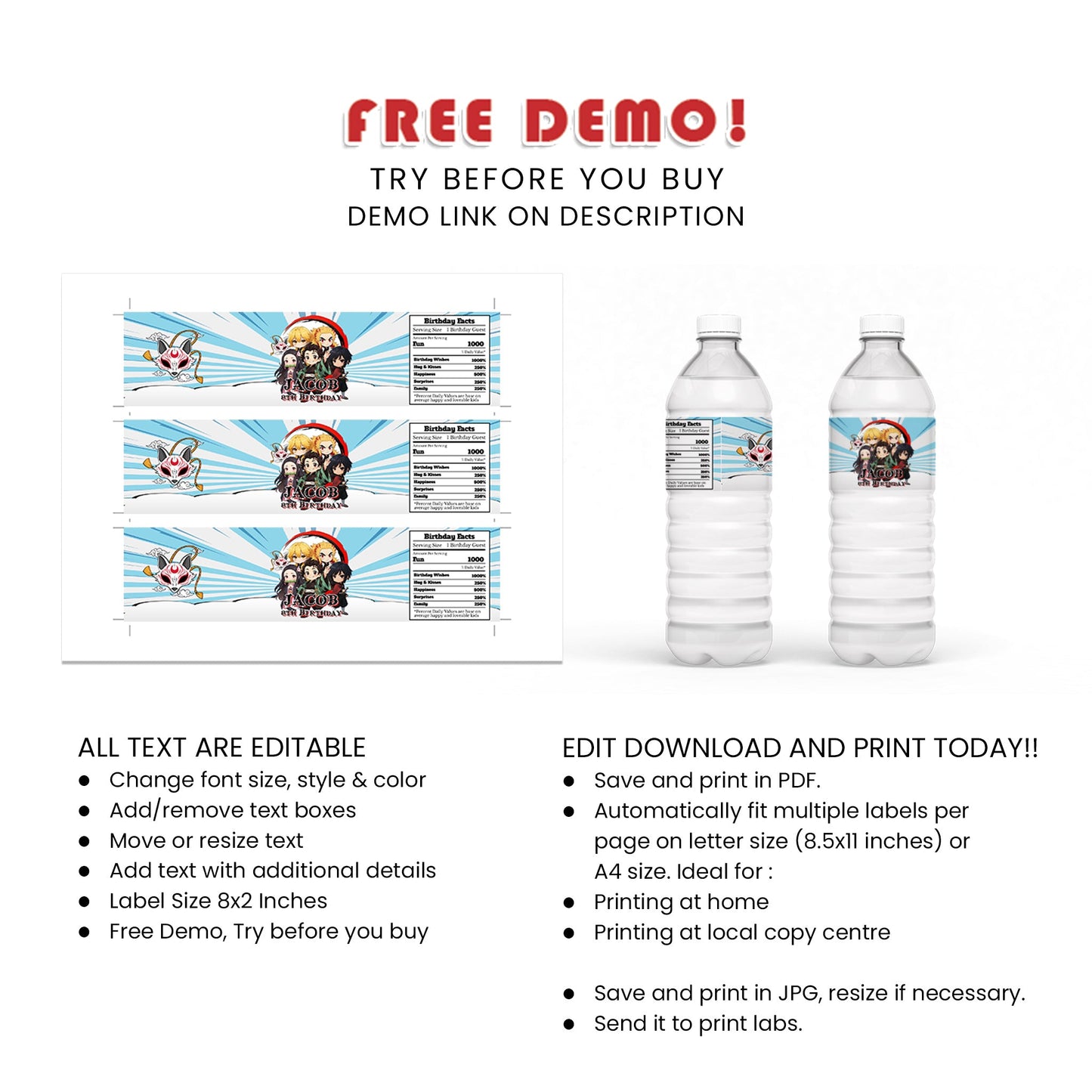 Demon Slayer Water Bottle Label : Personalized Demon Slayer Water Bottle Labels for Your Event