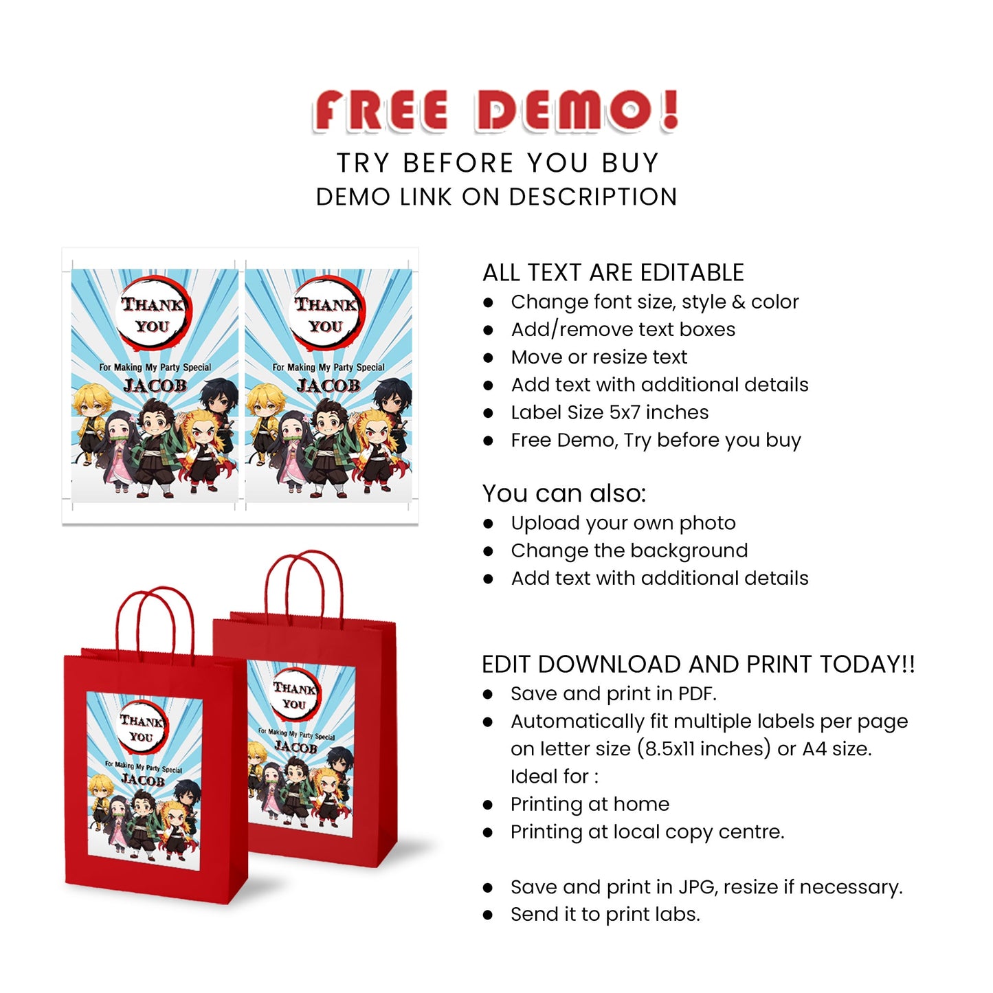 Demon Slayer goody Bag Label : Customizable Demon Slayer Goody Bag Labels for Your Party