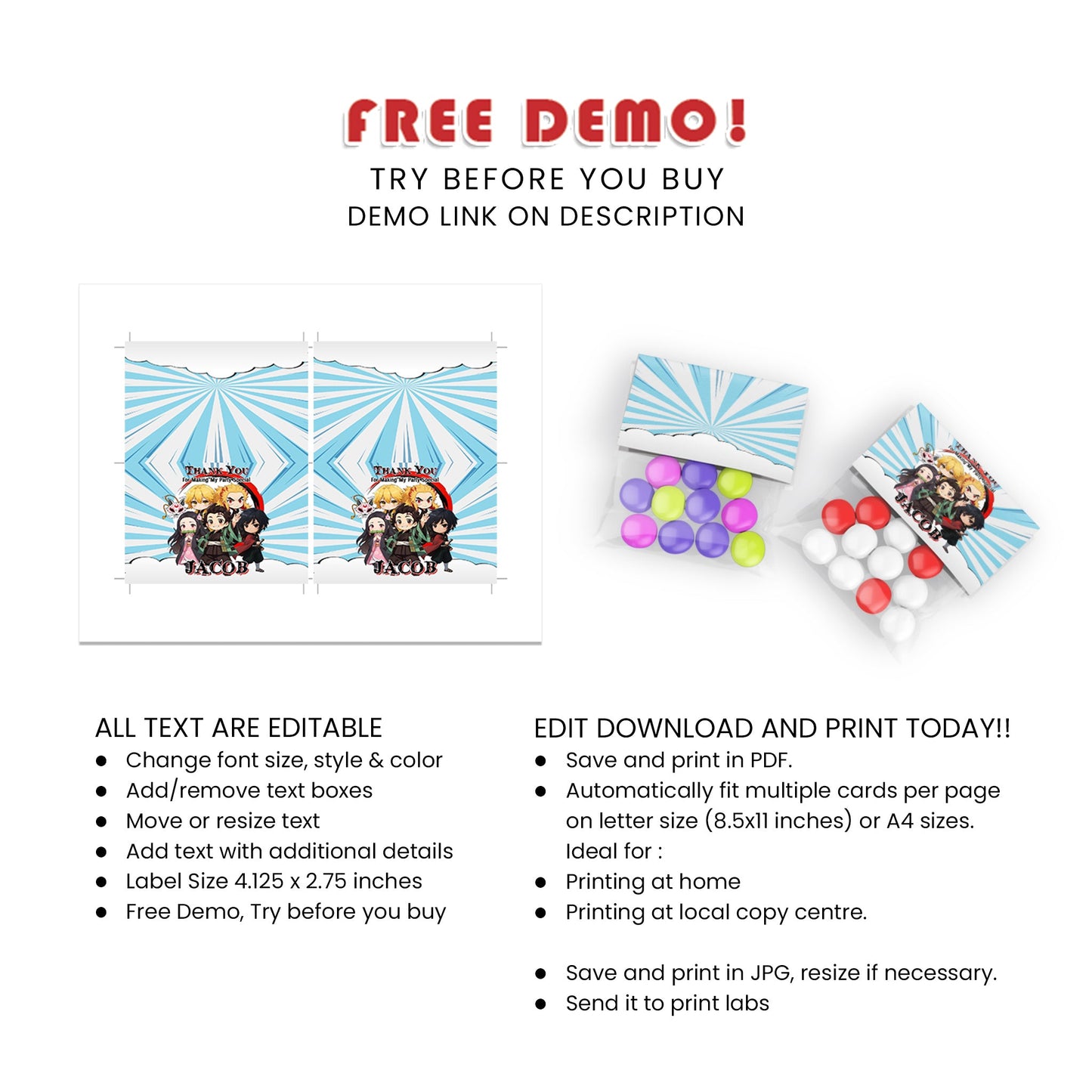 Demon Slayer Treat Bag Topper Label : Personalized Demon Slayer Treat Bag Topper Labels for Your Event