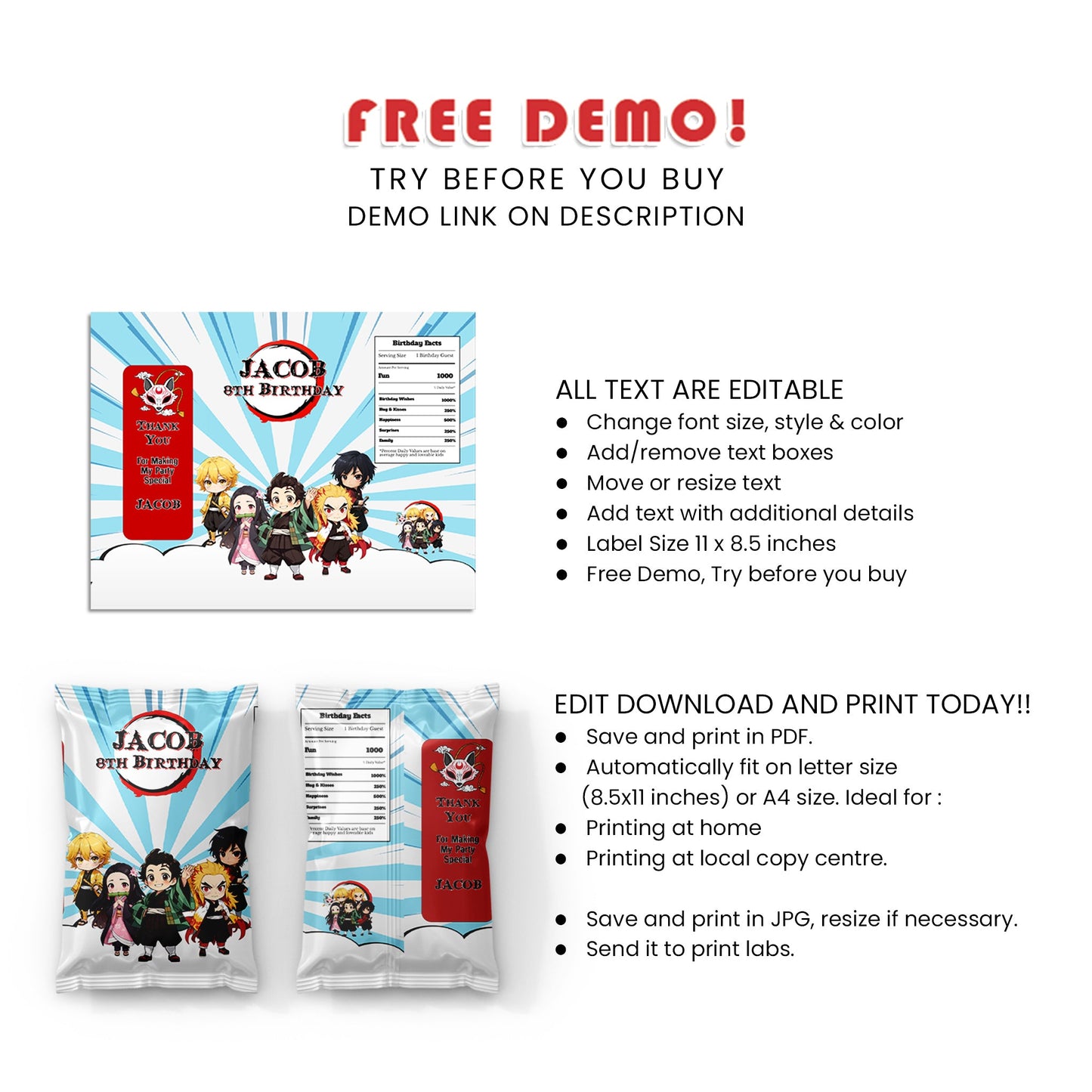 Demon Slayer Chips Bag Label : Customizable Demon Slayer Chips Bag Labels for Your Party