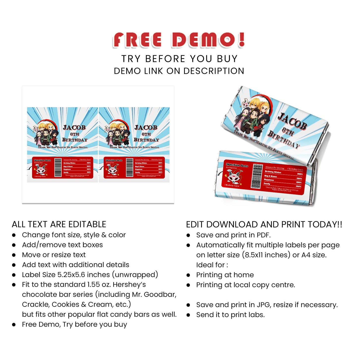 Demon Slayer Chocolate Label : Personalized Demon Slayer Chocolate Labels for Your Celebration