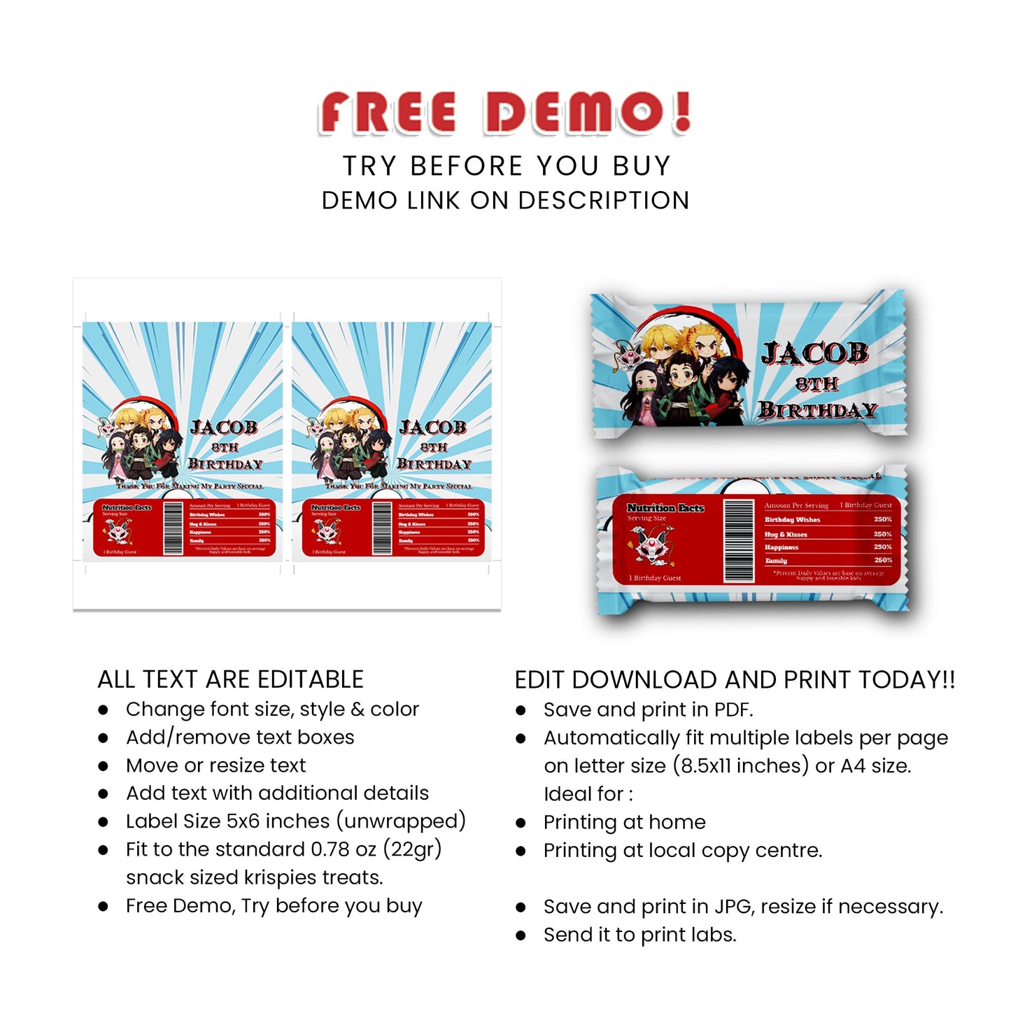 Demon Slayer Rice Krispies Treats Label & Candy Bar Label : Custom Demon Slayer Rice Krispies Treats and Candy Bar Labels