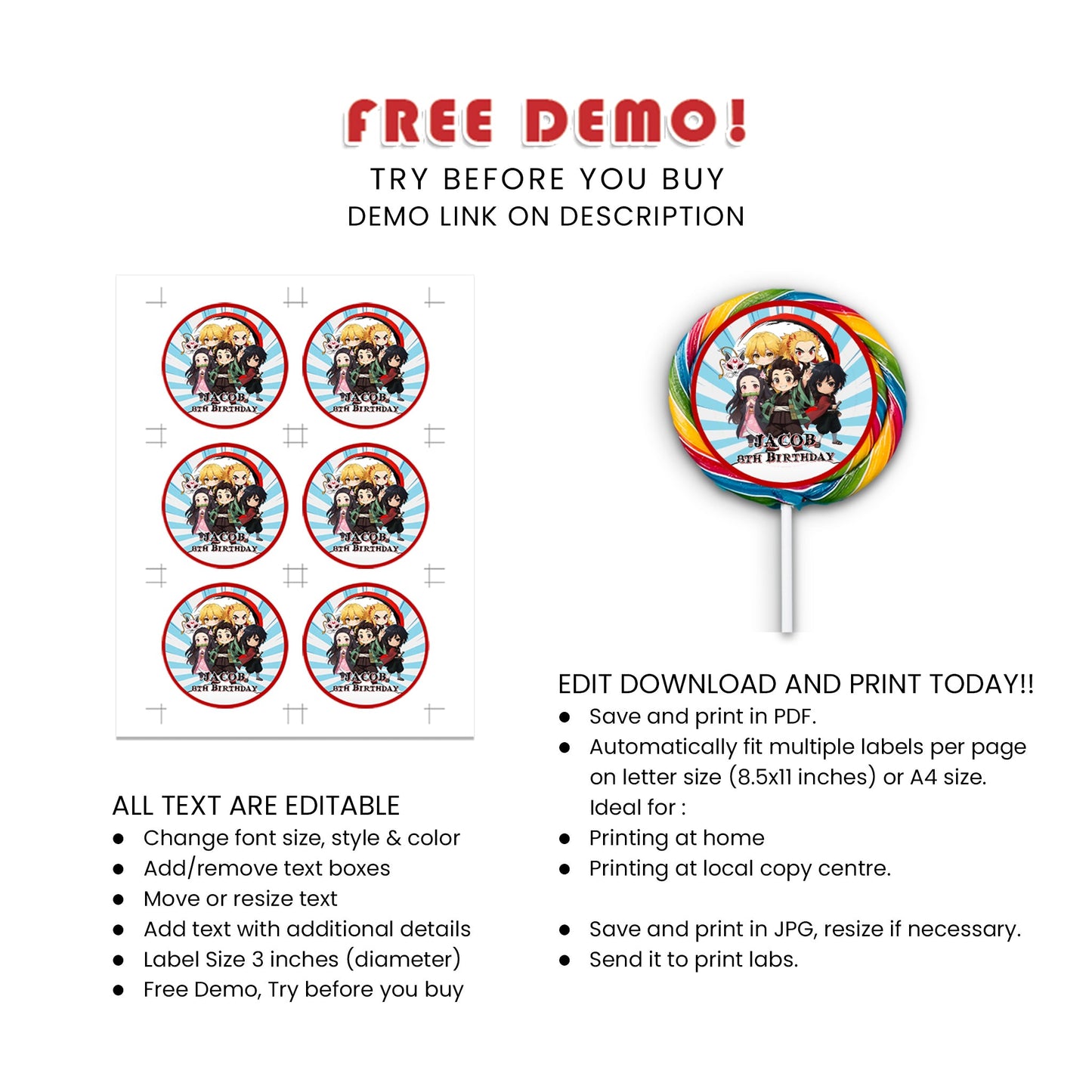 Demon Slayer Lollipop Label : Demon Slayer Themed Lollipop Labels, Personalized for Your Event