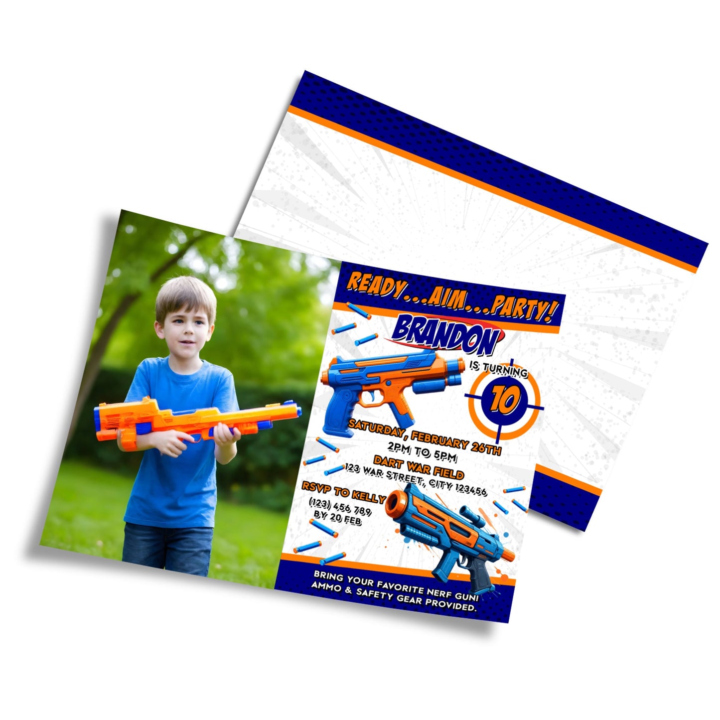 Personalized photo card invitations with a Nerf theme, making your invitations unique.