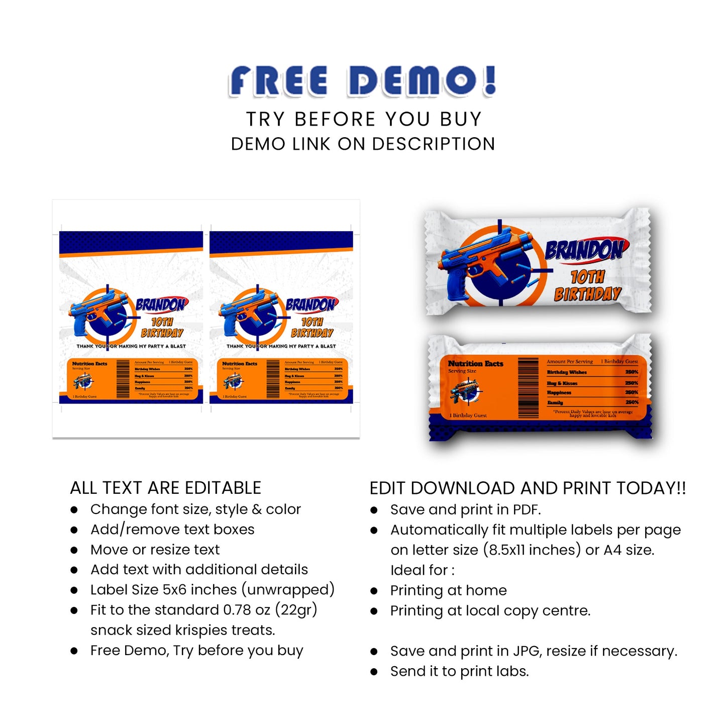 Treat Yourself: Nerf Rice Krispies Treats Label & Candy Bar Label for Crispy Crunches