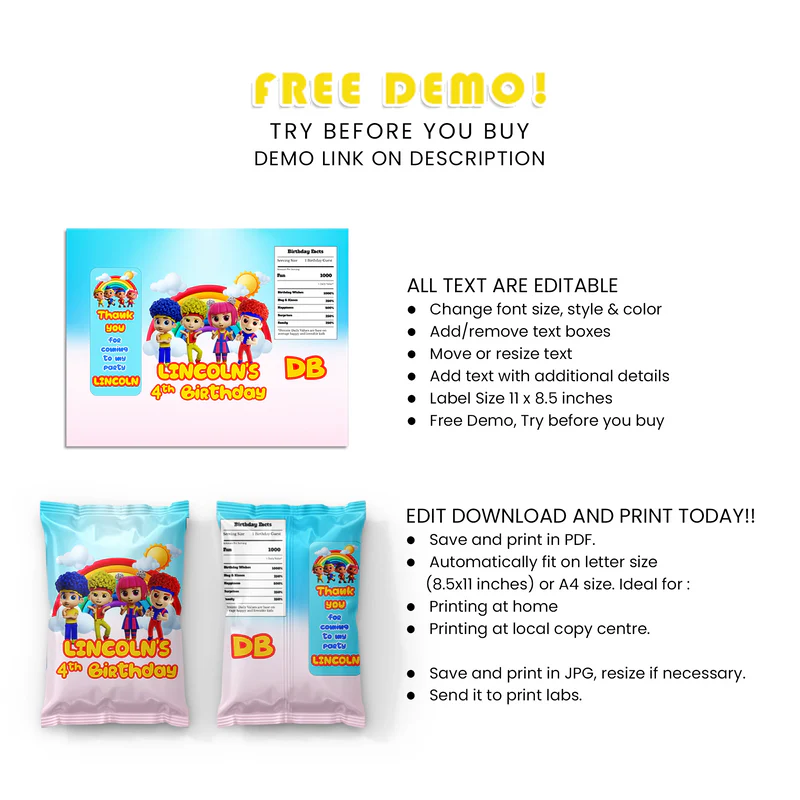 D Billions Chips Bag Label Kids Party Snack Wrap