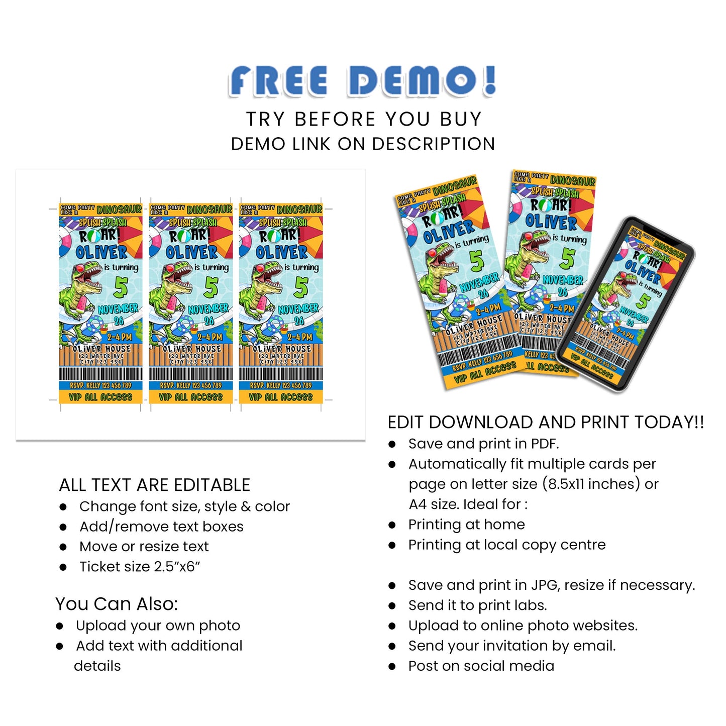 Dinosaur Birthday Ticket Invitations - Unique Entry to a Jurassic Party