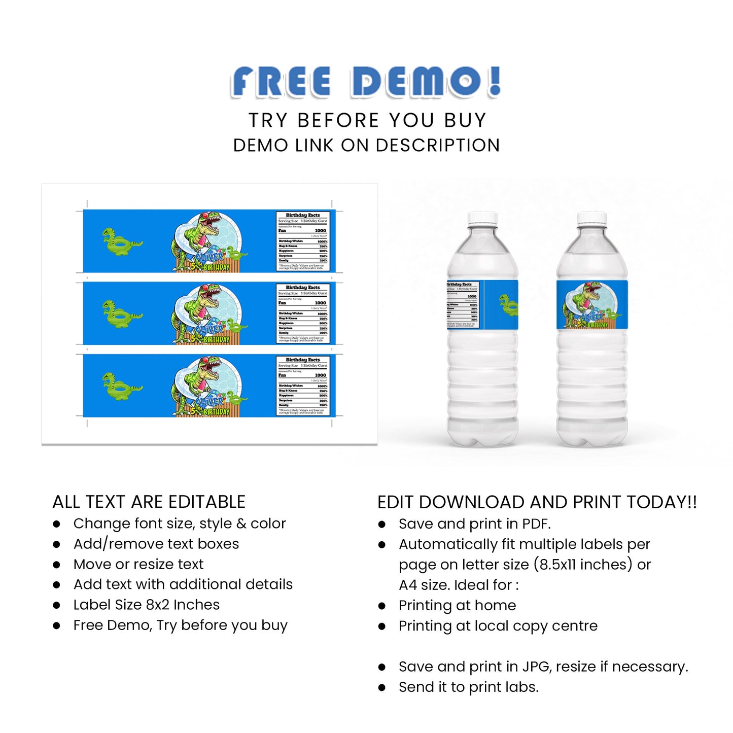 Personalized Dinosaur Water Bottle Labels - Hydrate with Style