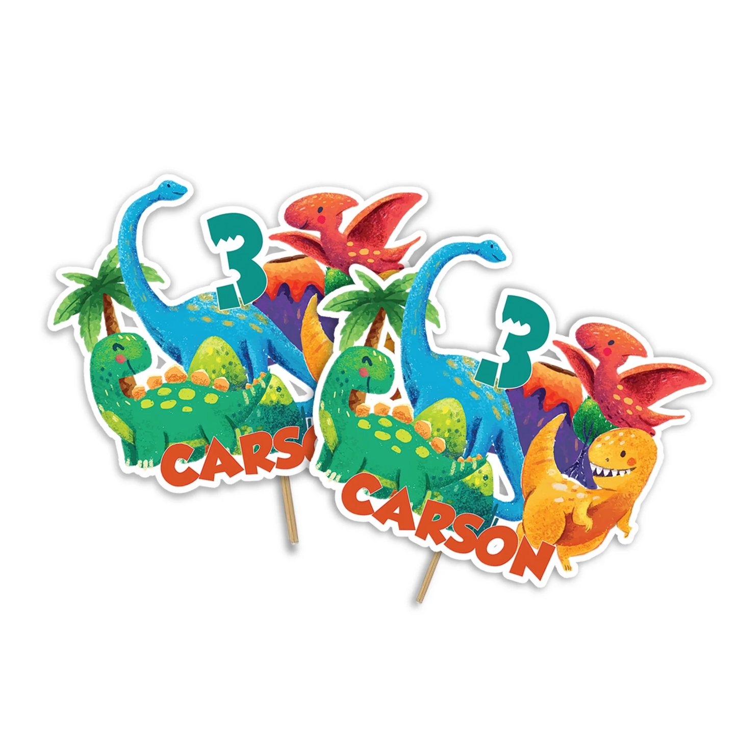 Personalized cake topper featuring colorful dinosaur designs and custom name