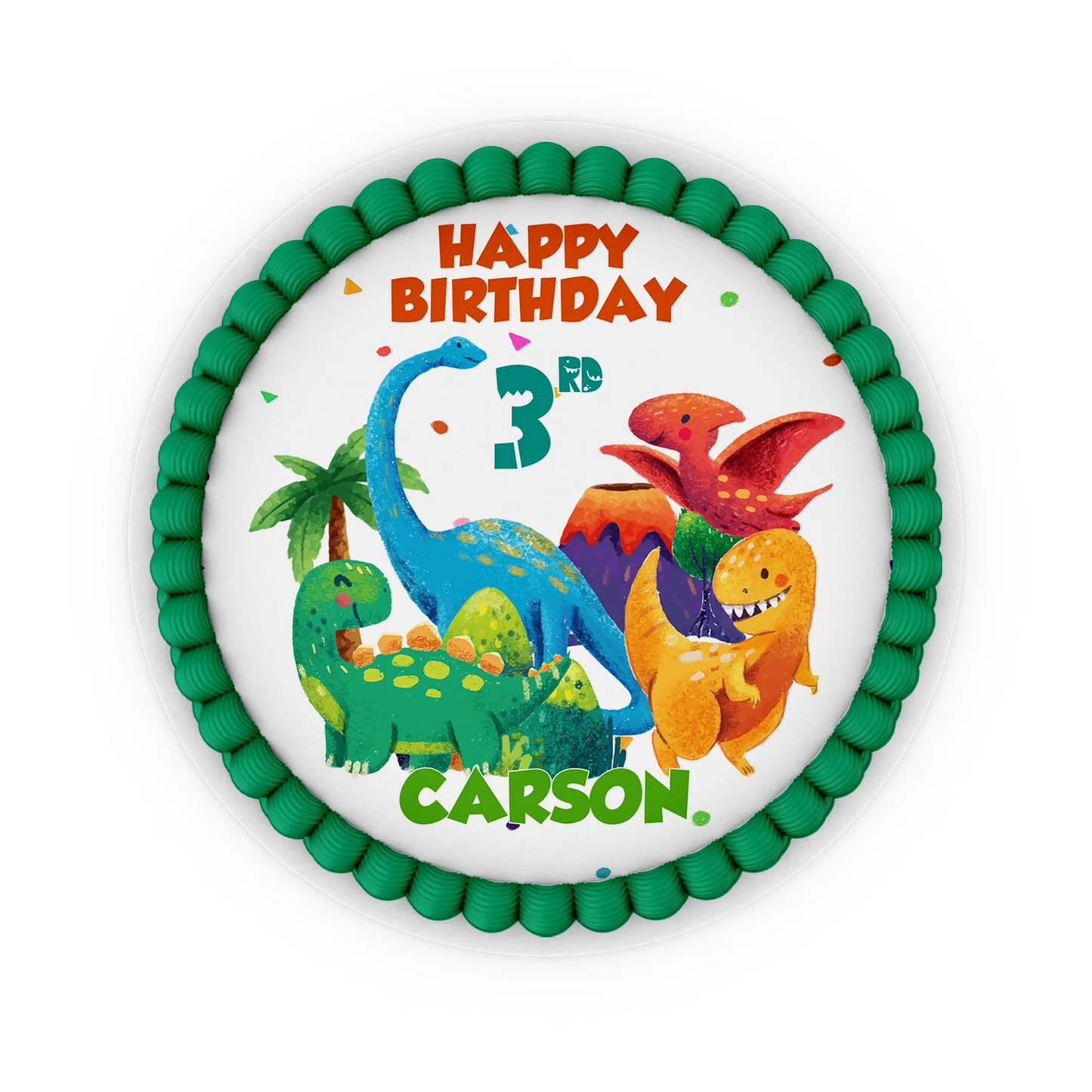 Edible icing cake image with vibrant dinosaur graphics and personalized details